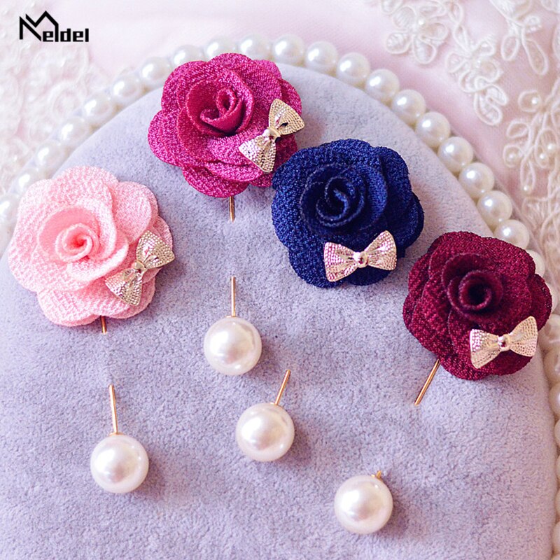 Meldel Pearl Women Brooch Wedding Corsage Pins Wedding Corsages and Boutonnieres Buttonhole Fabric Rose Man Marriage Accessories