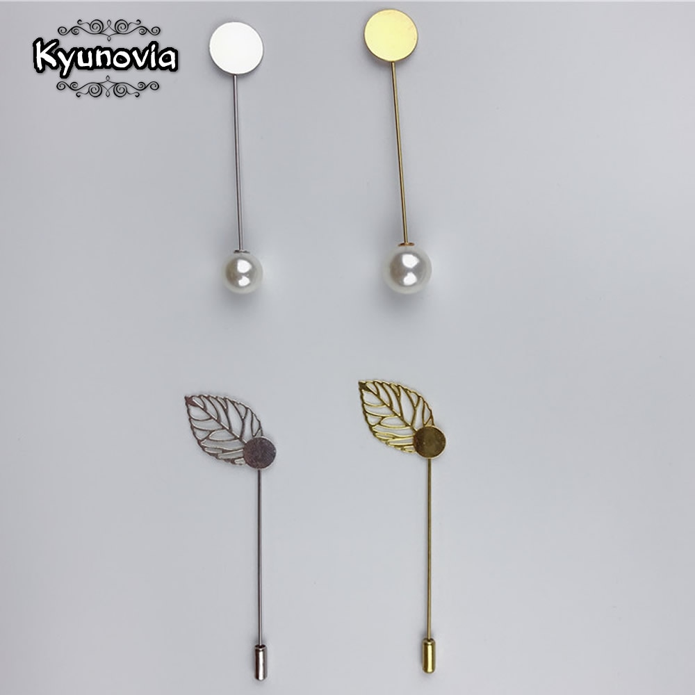 Kyunovia 10pcs DIY Boutonnieres Lapel Long Brooch Pin Pearl Lapel Dress Jewelry Making Accessories Base Blank Tray Brooches D147
