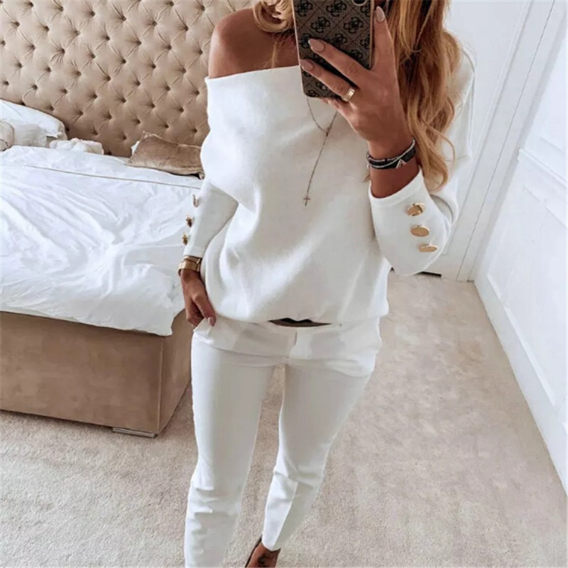 Women Off-Shoulder T-Shirt Ladies Solid Color Button Long Sleeve Autumn Winter Warm Casual Loose Tops