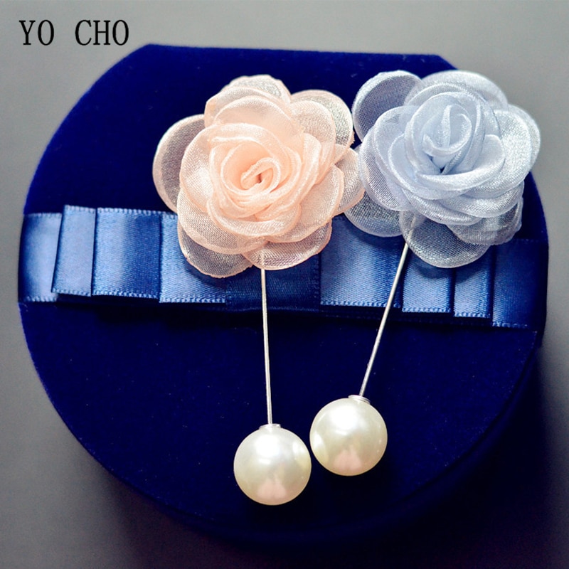 YO CHO Organdy Flower Corsage Blue Groom Boutonniere Brooch Women Wedding Corsage Pins Buttonhole Wedding Planner Corsage Flower