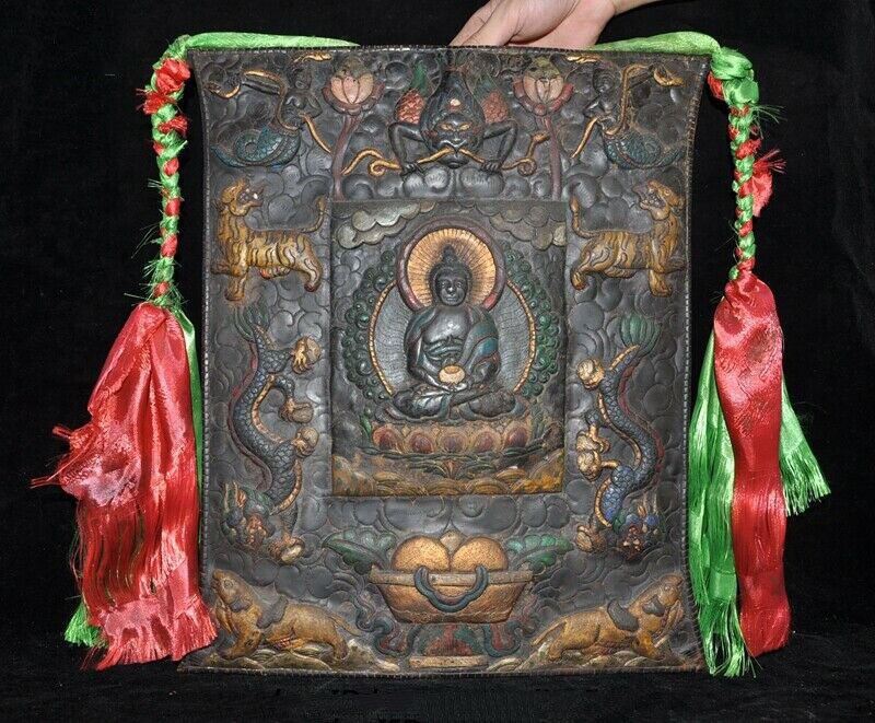 wedding decoration Old Tibet Temple Bronze Painted Sakyamuni medicine buddha Tangka Wall hanging
