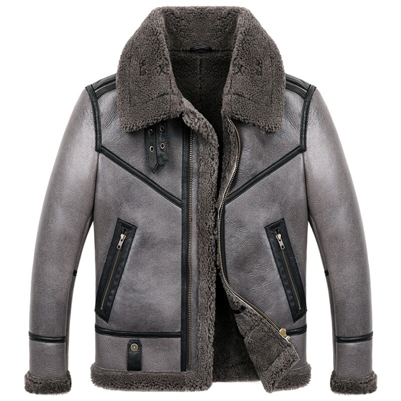 Mens Sheepskin Shearling Coat B3 B6 Mens Sheepskin Bomber Jacket Fur Coat Gray Color