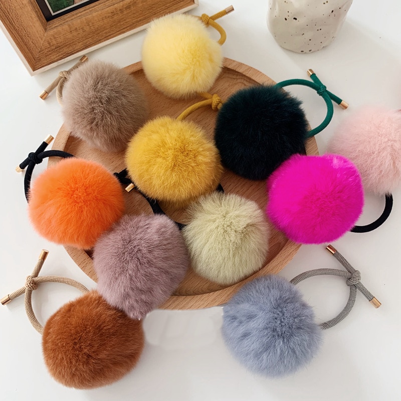 Candy Color Pompom Hair Rope Autumn Winter Solid Plush Ball Elastic Hair Rubber Bands Women Girls Ponytail Ring Hair Accessories