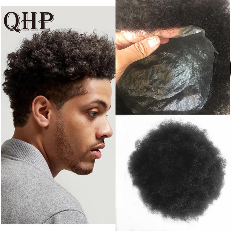 Mens Toupee Wig Mono And Npu Afro Kinky Curly Replacement Hair System Handmade Hairpieces Indian Human Remy Hair