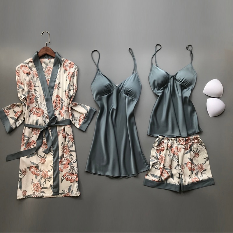 2020 Spring Autumn Women Silk Pajamas Sets With Chest Pads Flower Print Pijama Sleepwear 4 Pieces Spaghetti Strap Satin Pyjamas