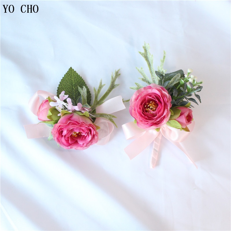 YO CHO Silk Flower Groom Boutonniere Pin Wedding Wrist Corsage Bracelet Brooches Flower Wedding Witness Corsage Flower Accessory