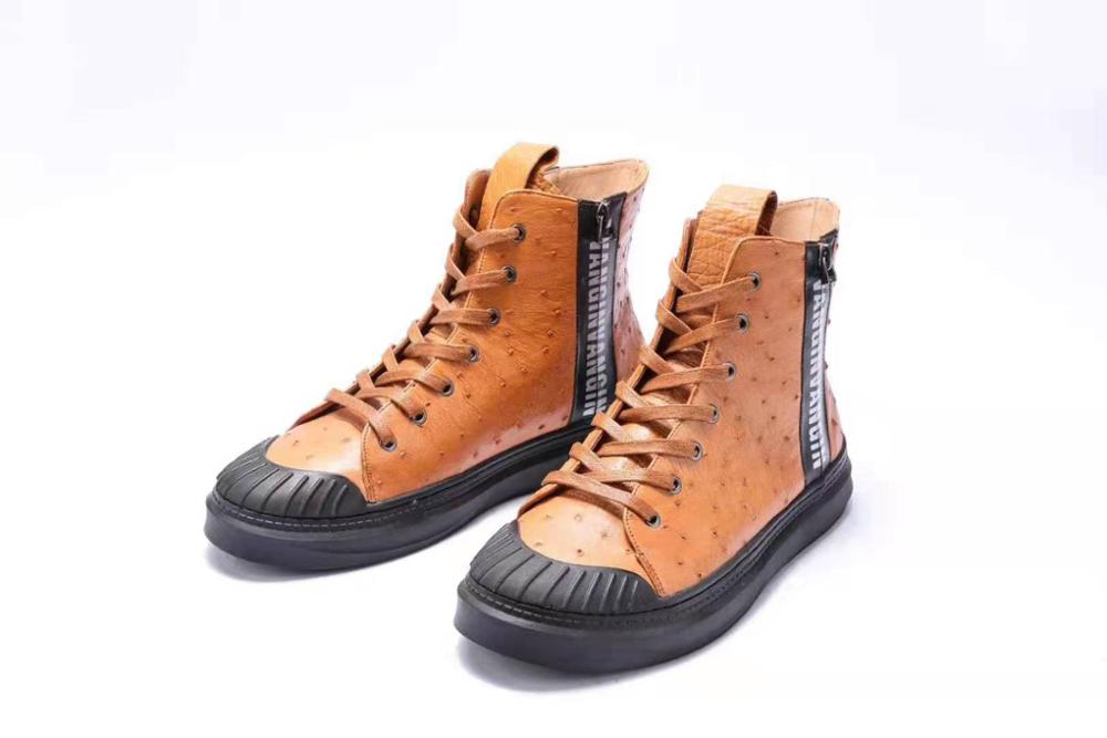 Newly production 100% real genuine ostrich skin brown colors winter boots shoe with genuine cowhide skin lining