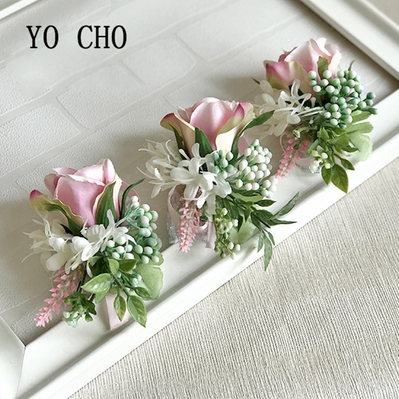 YO CHO Silk Rose Brooch Bridesmaids Boutonniere Men Wedding Corsage Bracelet Flowers Wedding Boutoninere Planner Corsage Flowers