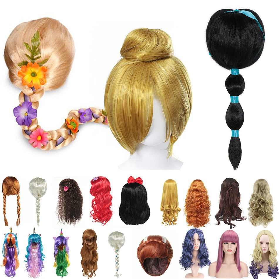 Girls Princess Dress up Accessories Headgear Synthetic Hair Aladdine Elsa Wig Mermiad Braid Descendant 3 Mal Evie Cosplay Wigs