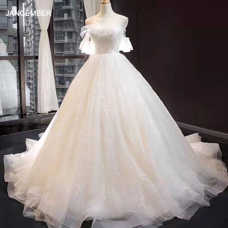 J66847 jancember wedding dress for women o neck off shoulder court train white wedding gown vestido de noiva ombro a ombro tule