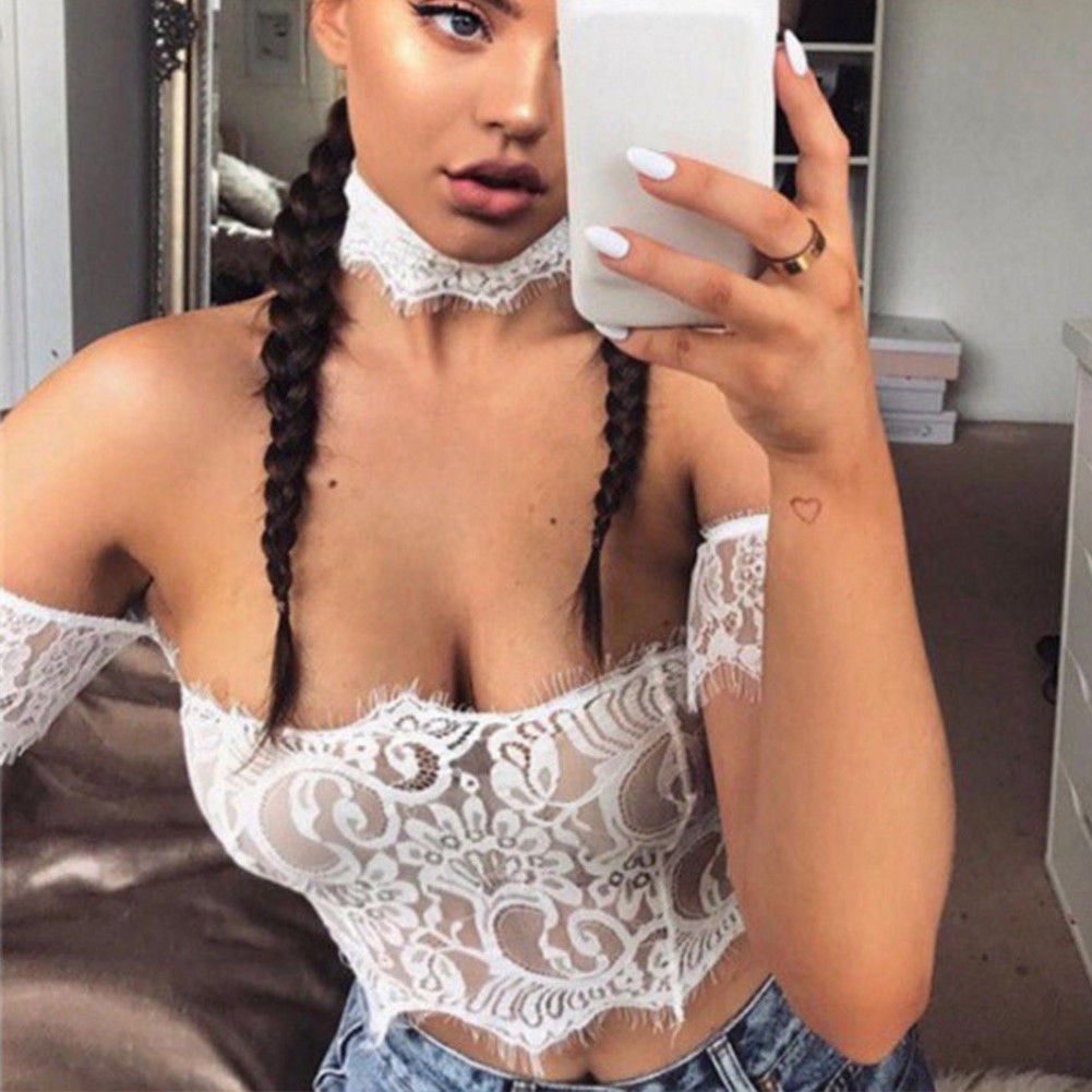 Sexy Women Lace Floral Off shoulder Backless Choker Bustier Crop Tops Party wear Cami Tank Sheer Lace Short Sleeve Blouse