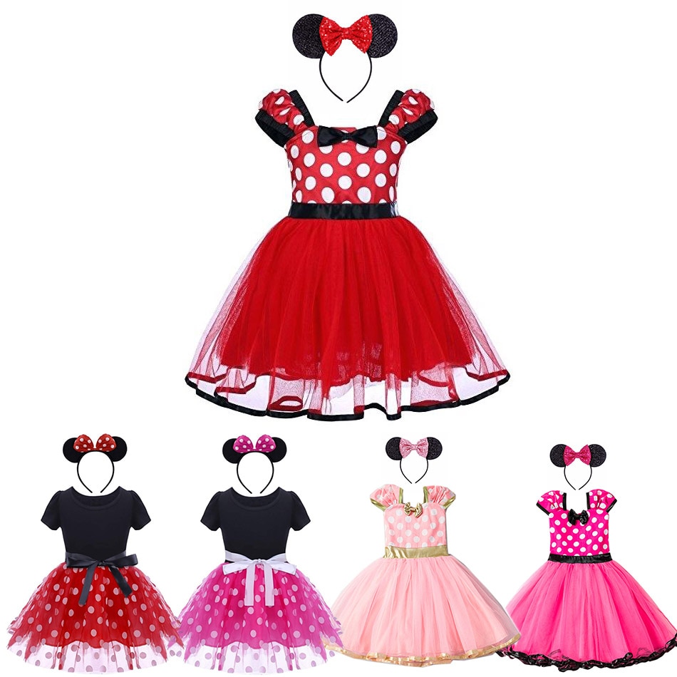 Pink&Red Minnie Dress for Baby Girls Casual Polka Dot Filles Robe Toddler Birthday Party Tutu Dress Mickey Cosplay Costume Frock