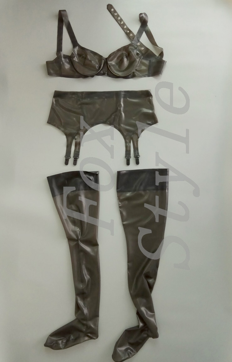 Free shipping! sexy rubber latex underclothes suit(bar+stocking+suspenders garters) in transparent black