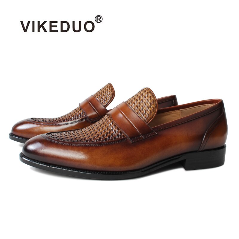 Vikeduo karree Leather Men's knitting Brown terrace hand made shoes autumn wedding shoes