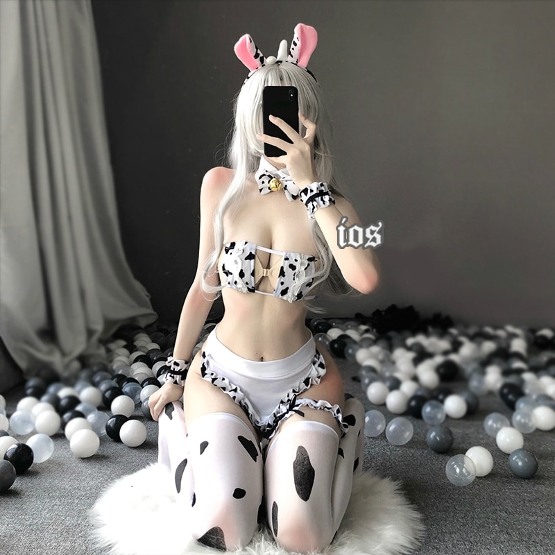 Japanese Cos Cow Cosplay Costume Maid Tankini Bikini Swimsuit Anime Girls Swimwear Clothing Lolita Bra and Panty Set Stockings