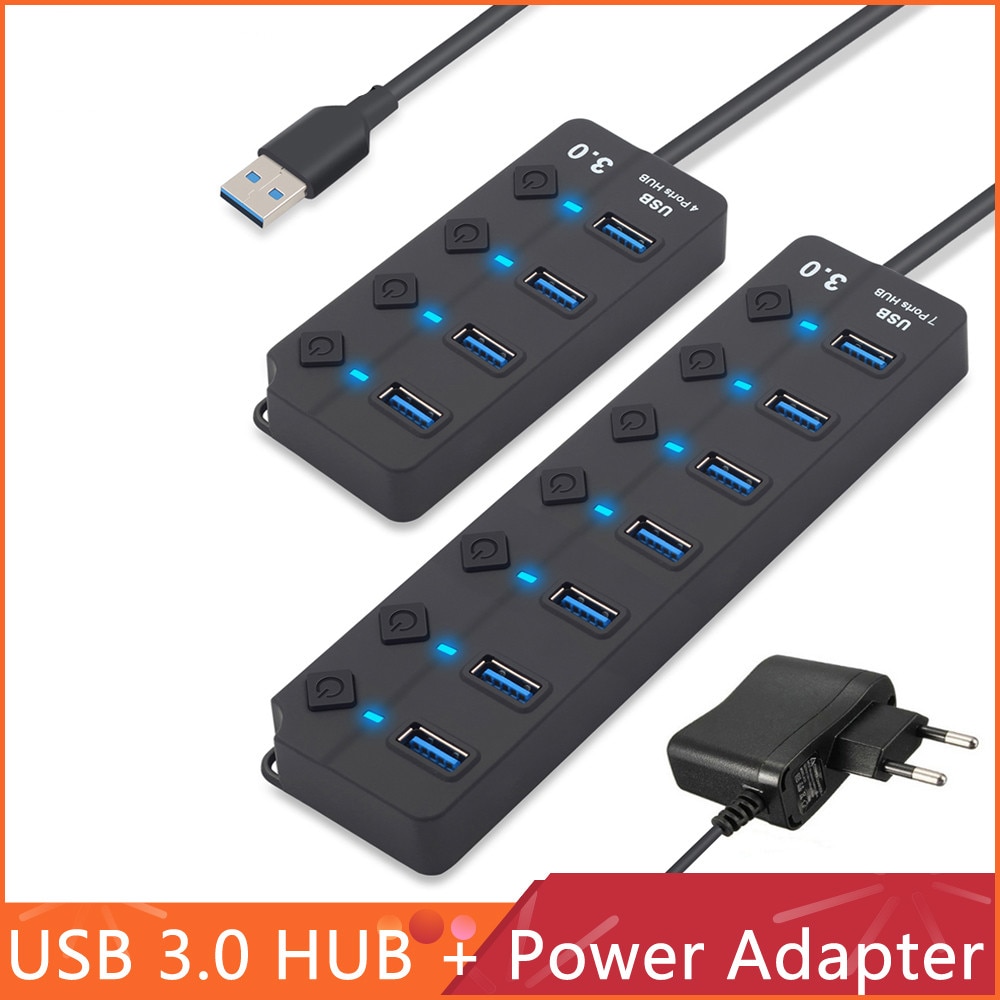 USB Hub High Speed 4 / 7 Port USB 3.0 Hub Splitter On/Off Switch with EU/US Power Adapter for MacBook Laptop PC