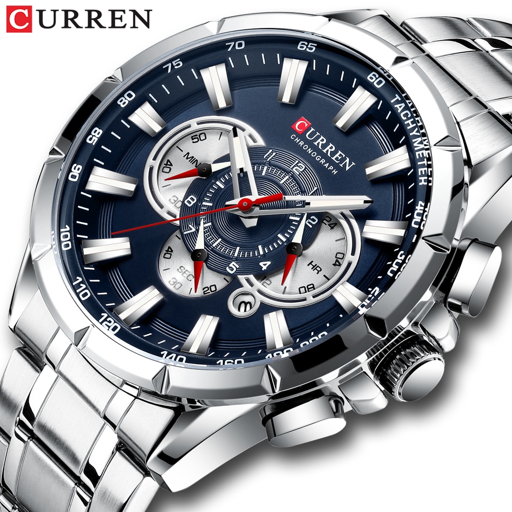 CURREN New Causal Sport Chronograph Men's Watches Stainless Steel Band Wristwatch Big Dial Quartz Clock with Luminous Pointers