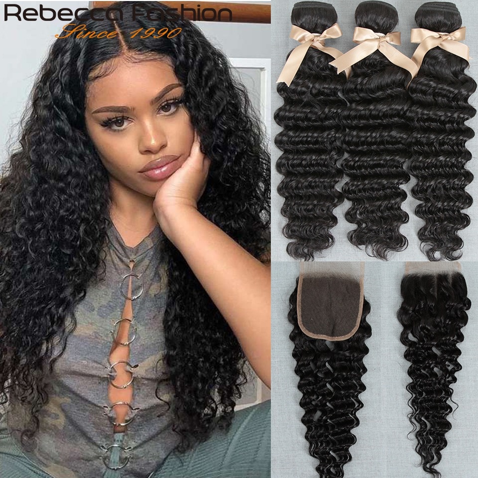 Rebecca Brazilian Deep Wave Hair Bundles With Closure Remy Human Hair Weaves 3 Bundles Deep Wave With Closure