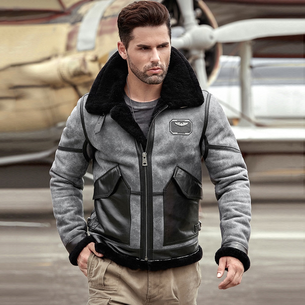 2019 New Mens Gray B3 Shearling Jacket Sheepskin Coat Leather Jacket Fur Coat Airforce Flight Jacket