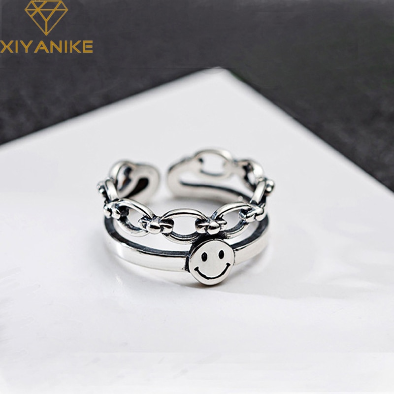 XIYANIKE 925 Sterling Silver New Fashion Punk-Style Party Jewelry Women Lovers Creative Geometric Smile-Face Opening Rings