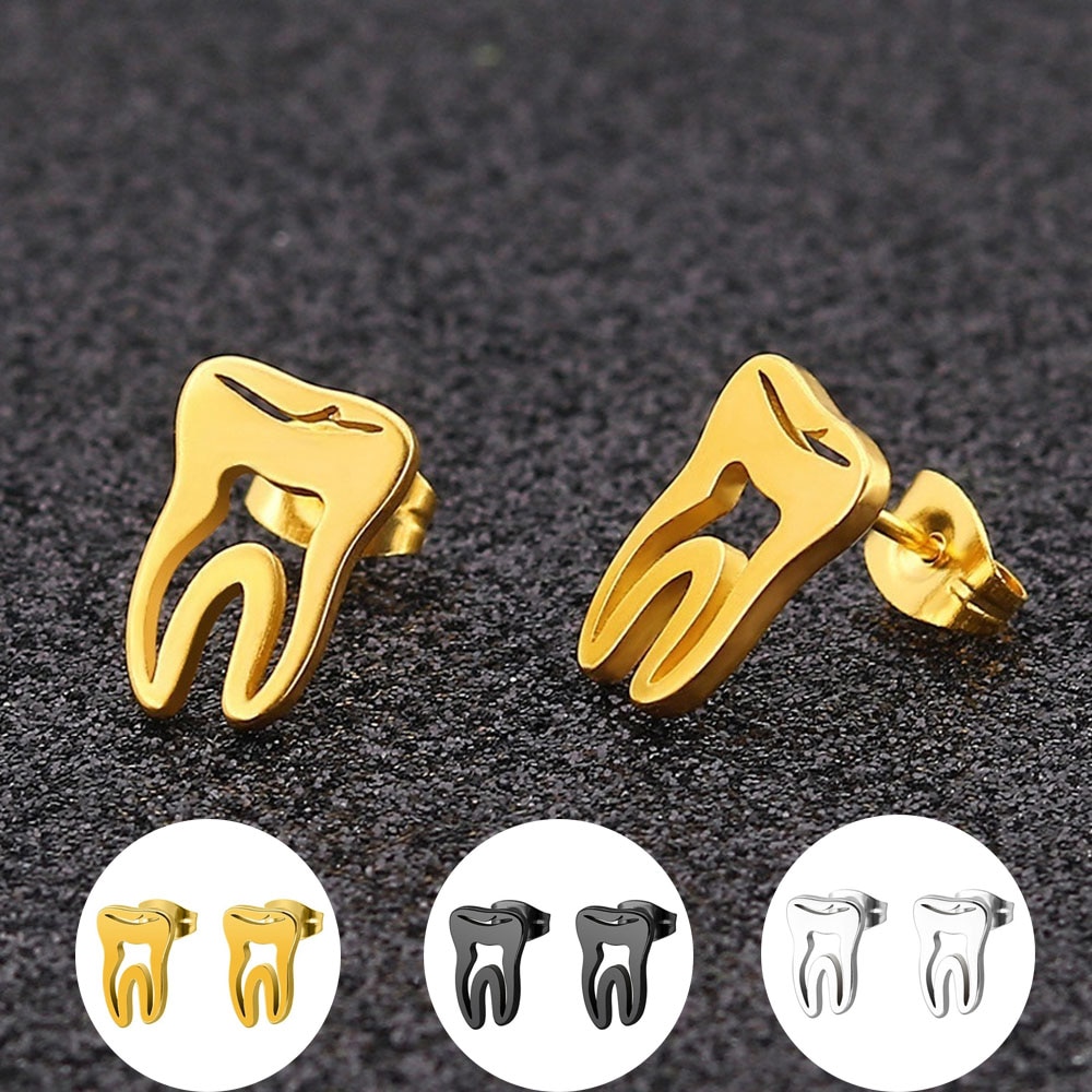 Punk Stainless Steel Hollow Teeth Stud Earrings Black Fashion Minimalist Tooth Dental Piercing Ear Studs Men Woman Jewelry Gift