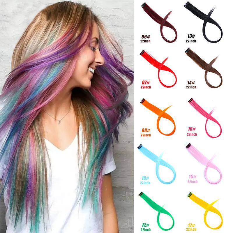 JINKAILI Synthetic Clip-In One Hair Extensions Pure Color Long Straight Fake Hair Rainbow Streak Strips Pink Hairpiece