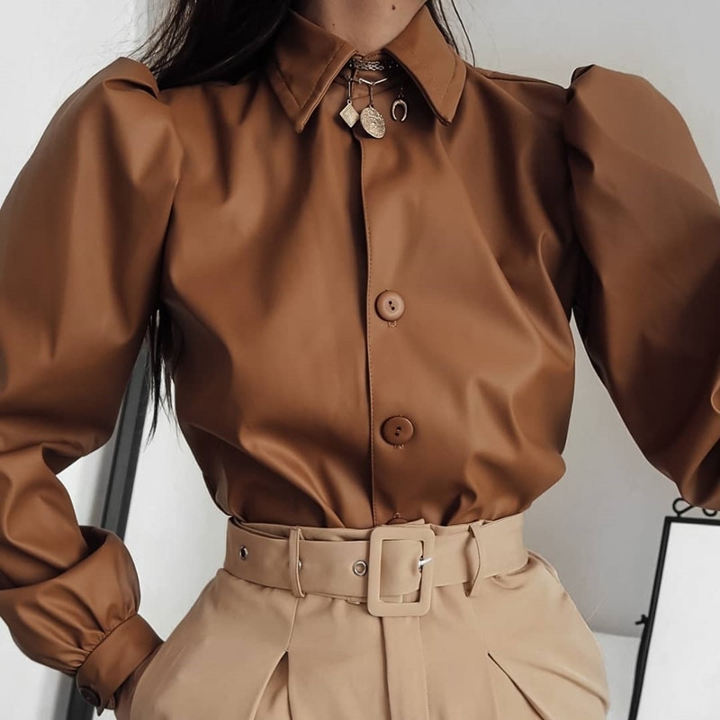 Waatfaak Autumn Leather Blouse Women Long Sleeve Puff Blouse Vintage Shirt Ladies 2019 Winter Casual Fashion Turn-down Collar