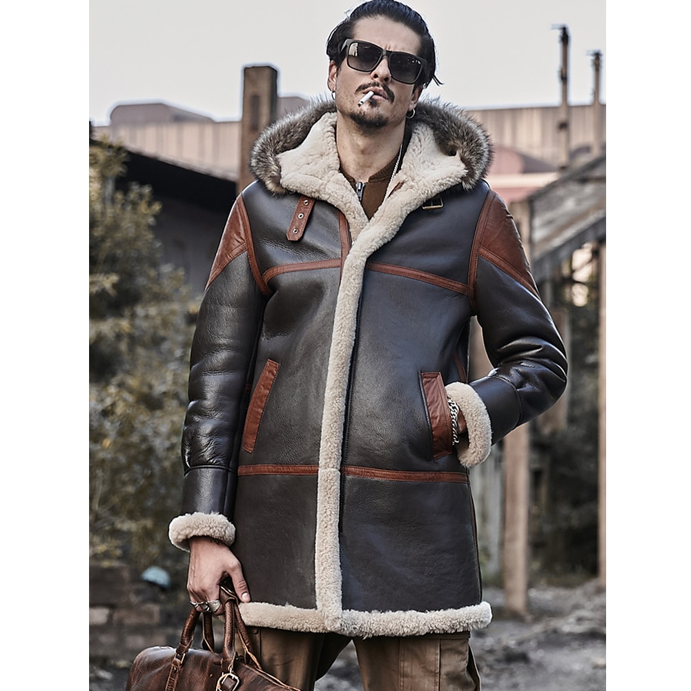 Shearling Coat Mens Brown B3 Bomber Jacket Hooded Leather Jacket 2019 New Mens Winter Coats Long Fur Jacket Trench Coat