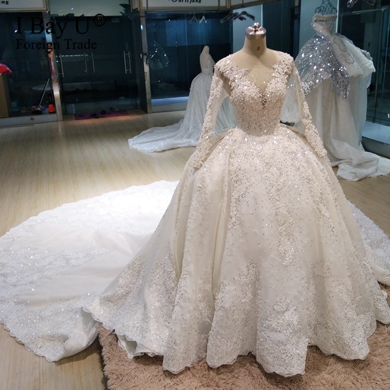 Luxury Stone Long Sleeve Wedding Dresses 2020 Sheer Neck Princess Bridal Gown Plus Size
