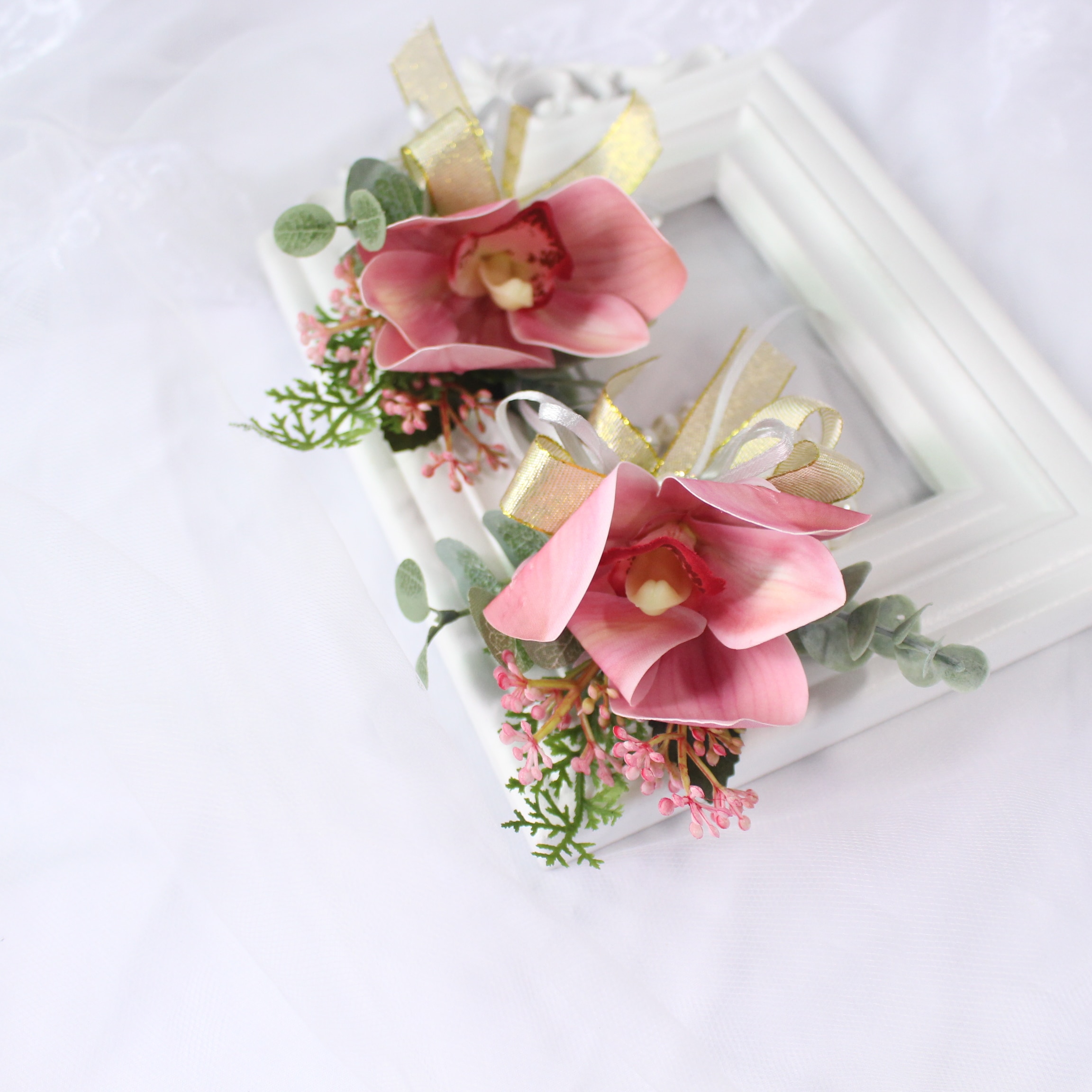 White Pink Silk Flowers Corsage Bracelet Bridesmaids Artificial Orchids Wedding Groom Boutonniere Wedding Marriage Corsage Pins