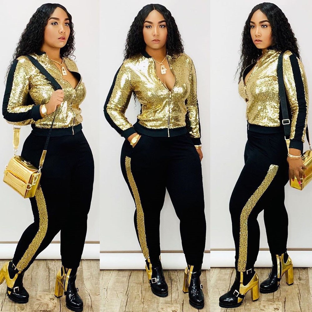 Autumn Winter Sequin 2 Piece Set Women Tracksuit Long Sleeve Jacket Top Pants Suit Streetwear Sparkly Matching Sets Club Outfits