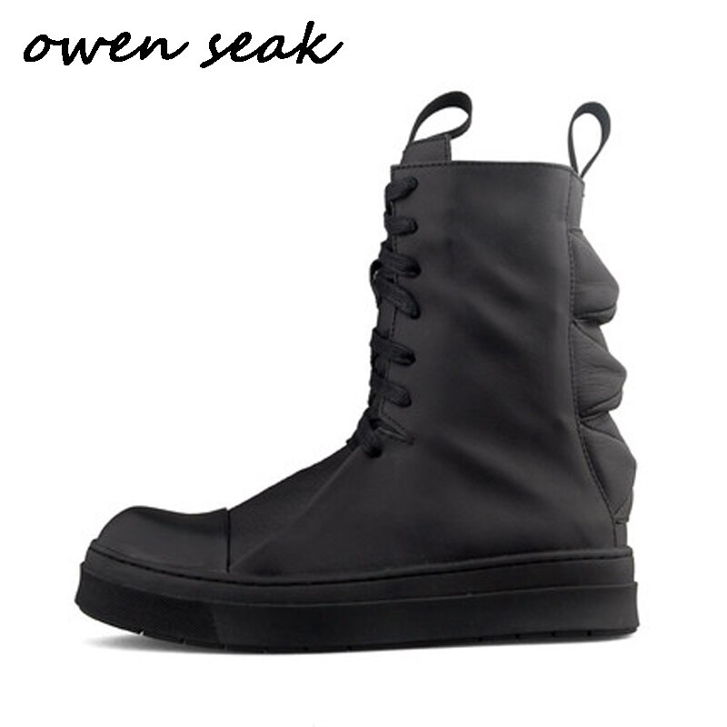 Owen Seak Men Shoes High-TOP Boots Genuine Leather Sneakers Luxury Trainers Winter Boots Casual Lace-up Black White Flats Shoes