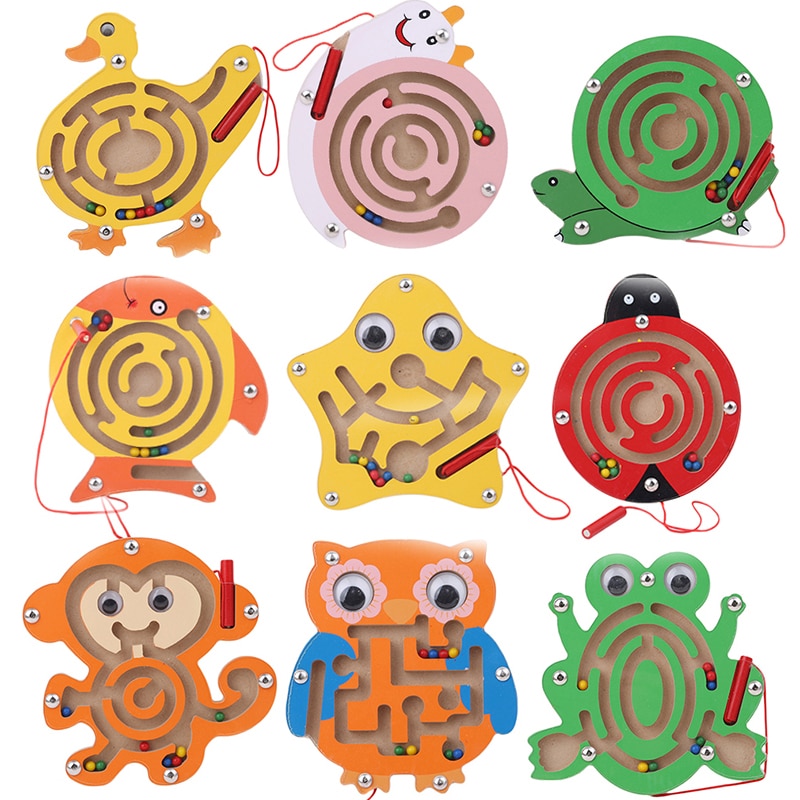 Children Wooden Educational Montessori Toys Magnetic Maze Handwriting Pen Push Beads Small Animals Labyrinth Track Toys For Kids