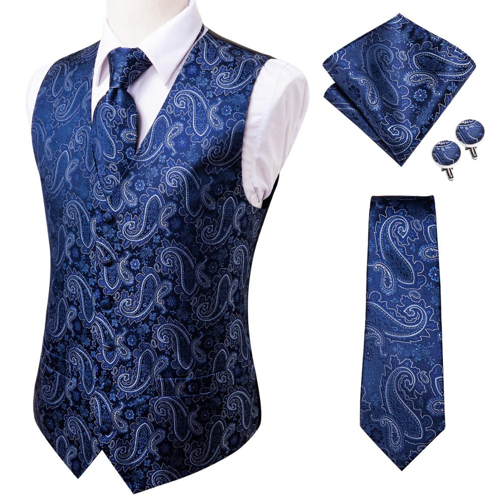 Hi-Tie 20 Color Silk Men's Vests and Tie Business Formal Dresses Slim Vest 4PC Hanky cufflinks for Suit Blue Paisley Waistcoat