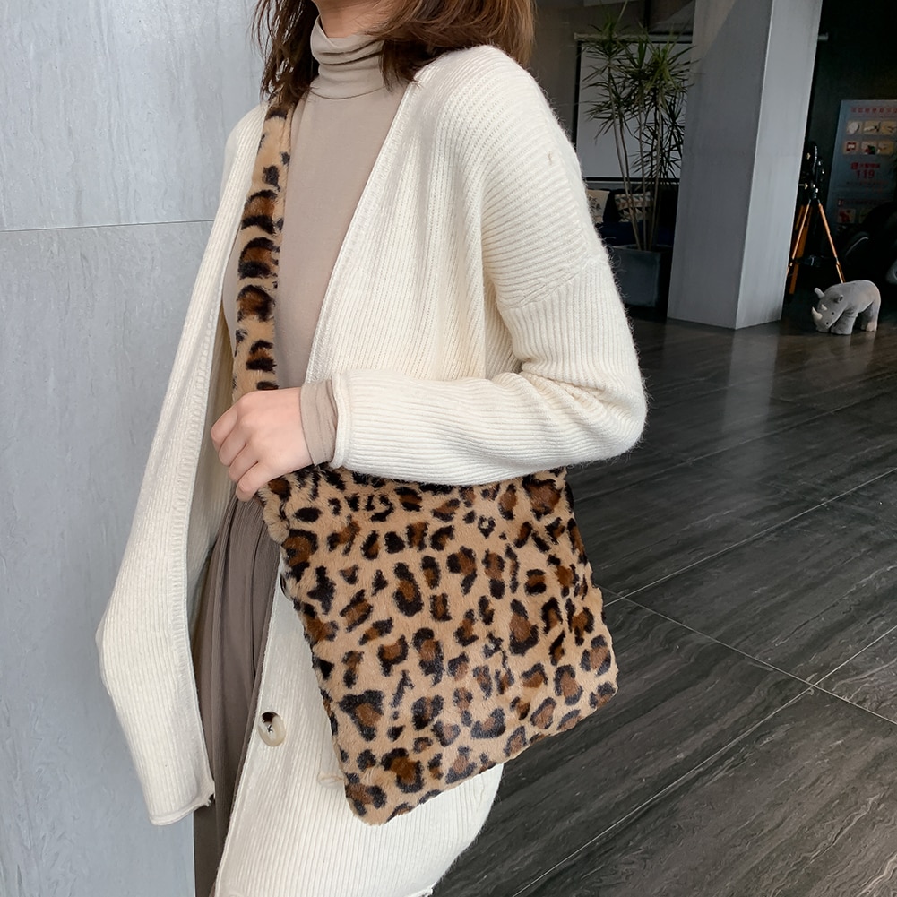 Fashion Leopard Print Crossbody Bags for Women Autumn Winter Plush Soft Shoulder Messenger Handbag Bag Fluffy сумка женская