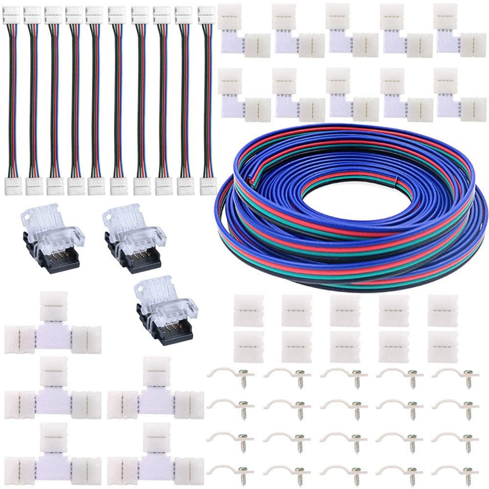 10mm 4Pin RGB LED Strip Light Connector Kits with T/L-Shaped Strip Jumpers Strip Clips Wire Connection Terminal Splice LED Strip