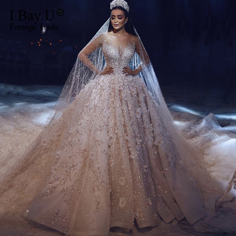 Luxury Shiny Crystal Wedding Dress Full Sleeves 2020 See Through Lace Appliques Puffy Ball Gowns 3D Flower Bridal Dress