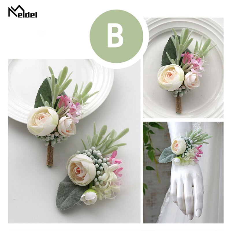 Meldel Men Boutonniere Wedding Wrist Corsage Bride Wrist Flower Girl Bracelet Groom Boutonnieres White Pink Artificial Silk Rose