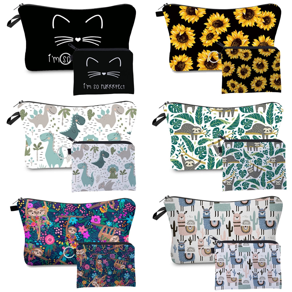 Jom Tokoy 2 PCS Printed Makeup Bag Cute Animal Pattern Cosmetic Bag Set for Women Combination Gift Organizer Bag