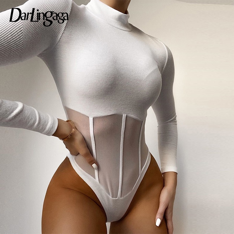 Darlingaga Autumn Winter Bodycon Turtleneck Body Long Sleeve Bodysuit Women Mesh Patchwork Transparent Sexy Bodysuits Party Slim