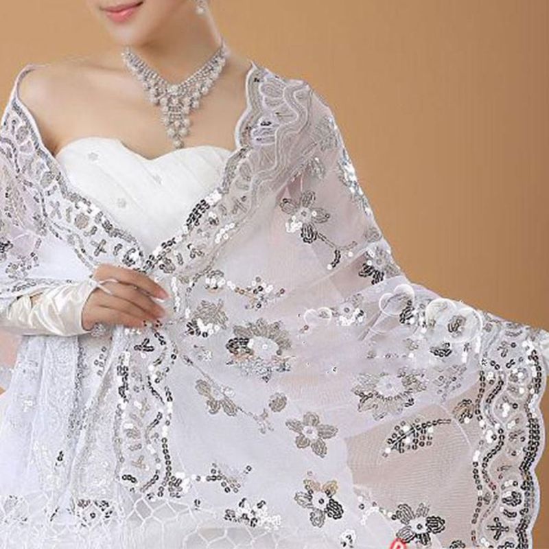 New Bride Wedding Dress Women Cheongsam Shawl White Lace Embroidered Sequins Long Shawls