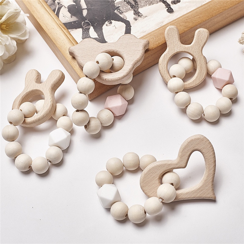 Baby Silicone Nursing Bracelets Wood Teether Silicone Beads Teething Wood Rattles Toys Baby Teether Bracelets Nursing Toys Gift