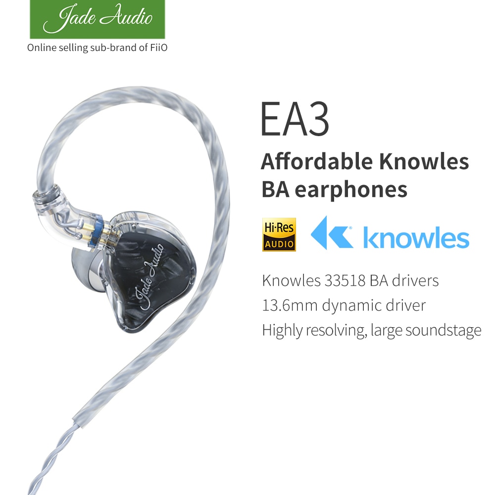 JadeAudio(FiiO) EA3 HiFi Stereo 1BA(Knowles)+1Dynamic Hybrid Earphone IEM with 0.78 2pins Detachable Cables with Deep bass