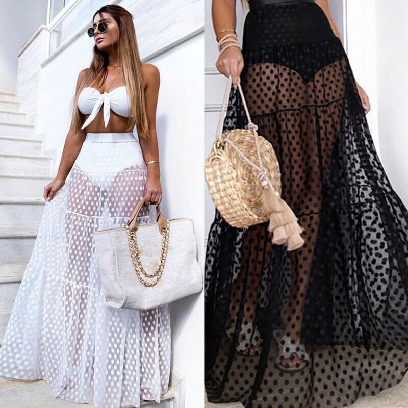 Hirigin Summer Women Sexy Translucent Mesh Sheer Lace Dot Maxi Skirt Holiday Travel Beach Wrap Skirts Swimwear Brief Cover Up