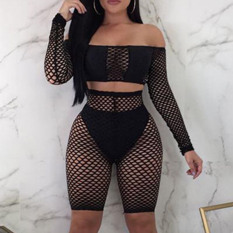 Hirigin 2Pcs Summer Women Sexy See-Through Mesh Fisnet Off-Shoulder Long Sleeve Knee Lengthen Shorts Set Suit Cover Up