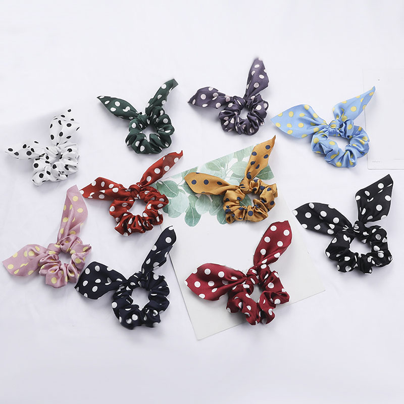 New Korean Dot Print Women Hair Scrunchies Bows Ponytail Holder Hairband Bunny Ear Scrunchie Girls Hair Ties Hair Accessories