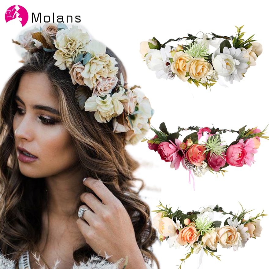 Molans 2021 Spring Bohemian Flower Crowns Beach Hawaii Floral Garland Romantic Faux Rose Wedding Wreaths New Flower Headband