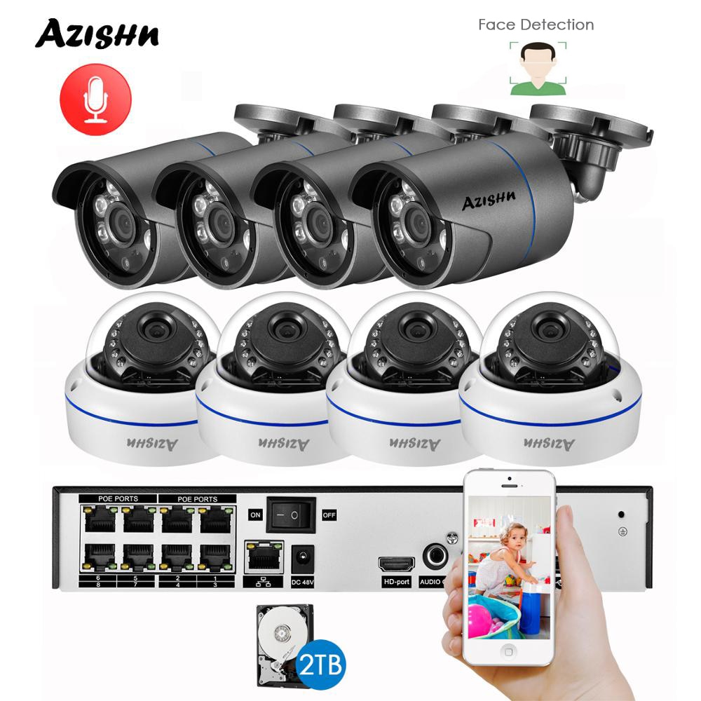 AZISHN Face Detection H.265+ 8CH 5MP POE NVR Kit Audio CCTV System 5MP Metal IP Camera P2P Indoor Outdoor Video Surveillance Set
