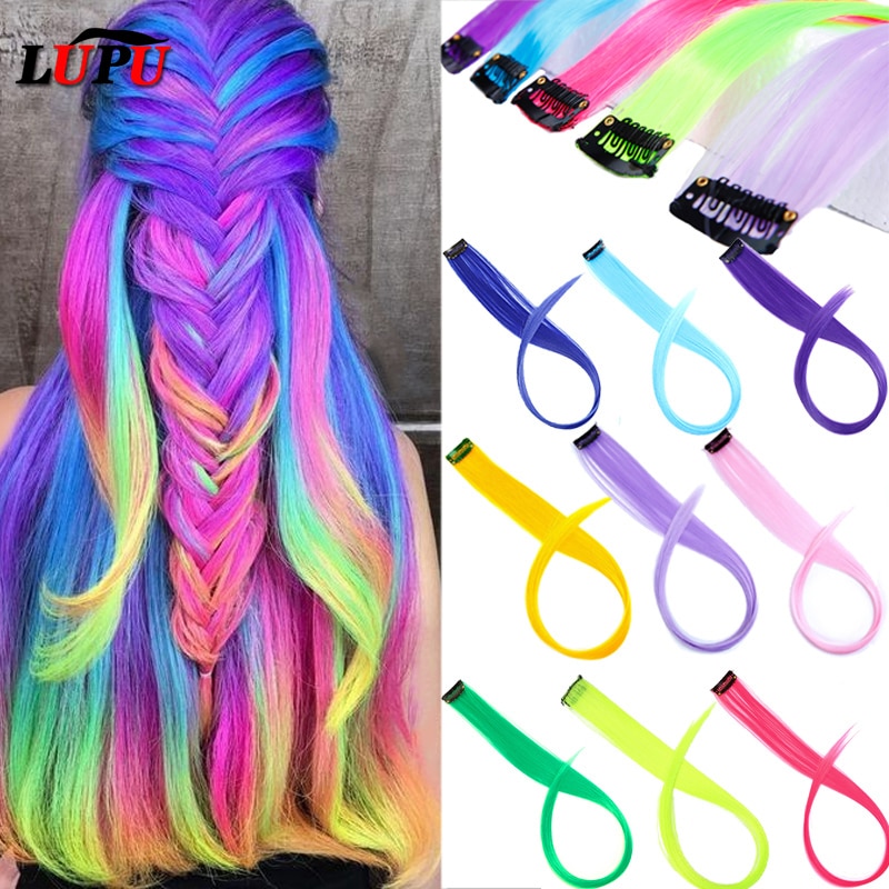 LUPU Long Straight Clip Hair Extensions Ombre Grey Red Pink Colored Rainbow Highlight Strands Of Hair On Hairpins Heat Resistant