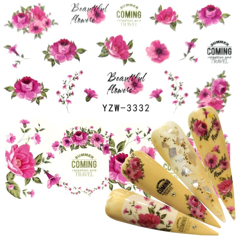 WUF 2020 New Arrival 1 PC Nail Art Flower Pink Colors Rose Water Design Tattoos Nail Sticker Decals for Beauty Manicure Tools